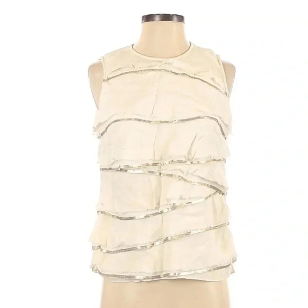Michael Kors Cream 100% Silk Blouse Gold Sequin Ruffle Trim Size S Small